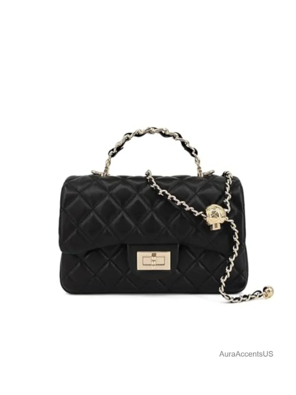 Quilted Leather Crossbody Bag with Gold Chain Strap and Top Handle